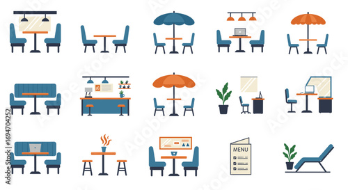Modern cafe and workspace designs with flat colorful icons