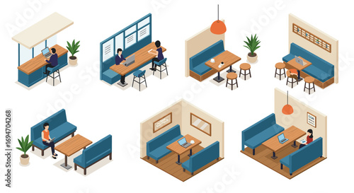 Isometric cafe booth scenes with modern furniture and cozy ambiance