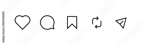 Social media icons set, heart like symbol, chat message bubble, bookmark save button, refresh repost arrow, paper plane send message, Vector illustration