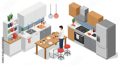 Modern isometric kitchen scene with man preparing meal near table and appliances