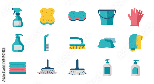 Essential cleaning tools set with sponges, brushes, and gloves