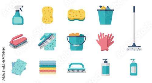 Essential cleaning tools collection with modern flat design style