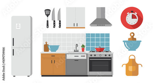 Modern kitchen elements with appliances and utensils in flat style