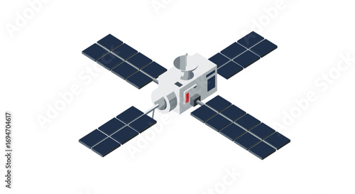 Isometric satellite with solar panels in space technology design