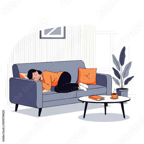 Relaxed woman napping on a comfortable sofa in modern living room, peaceful scene