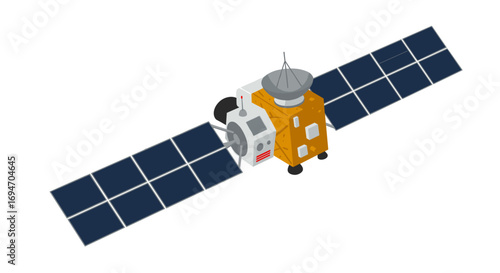 Isometric satellite with solar panels and antenna in space