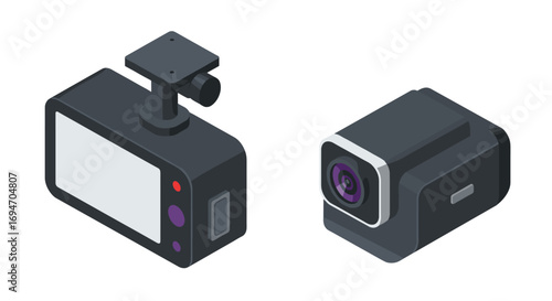Modern isometric action cameras with lens and screen design elements