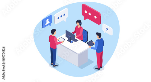 Customer support help desk isometric concept with people engaging online