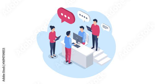Office team collaboration in isometric design with speech bubbles