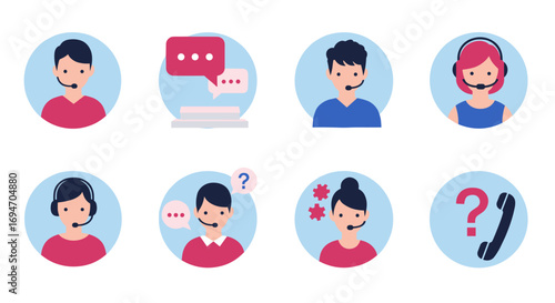 Customer support icons with headsets and chat bubbles in modern flat design