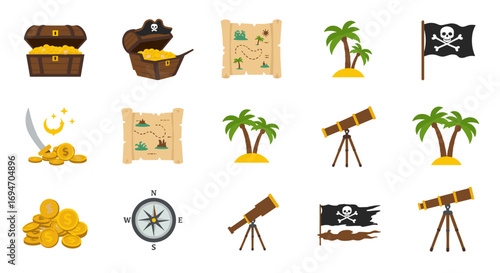 Pirate adventure icons with treasure chest, maps, and telescope in flat design