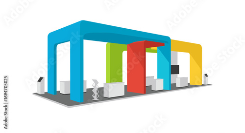 Modern exhibition booth design with colorful arch structures and interactive displays