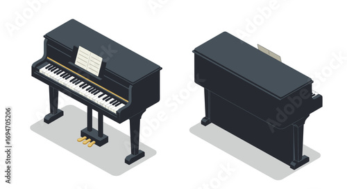 Isometric grand piano from multiple angles with music notes