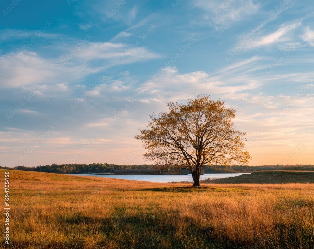 Fototapeta premium Tranquil autumnal landscape at sunset