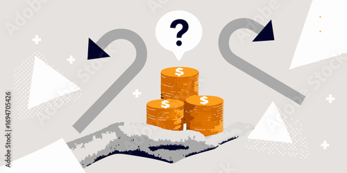 Hand holding stack of coins with question mark above symbolizing financial uncertainty and decision making