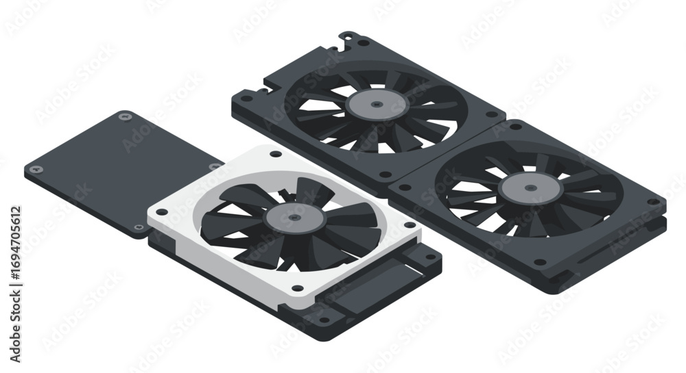 Fototapeta premium Isometric gpu cooling fans: modern tech hardware components in 3d design
