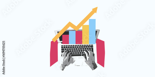 Hands typing on a laptop with a rising bar graph and arrow indicating financial growth and success
