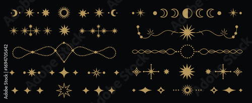 Esoteric Magic Line Dividers – Boho Vector Borders Featuring Crescent Moons, Suns, Stars, and Spiritual Symbols for Mystic and Astrology Designs