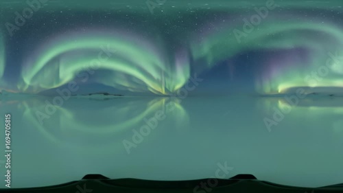 Aurora Curtains Fold Over Reflective Ice Lake 360