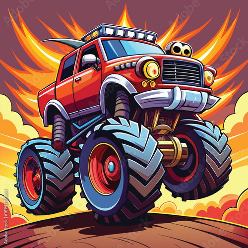 Exciting cartoon monster truck with large tires jumping through fiery explosion background