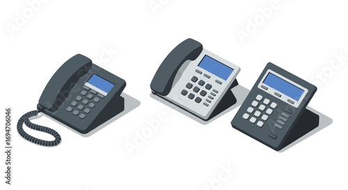 Modern office telephones in isometric style with varied designs