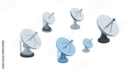 Isometric satellite dishes array on white background