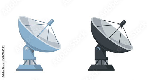 Twin satellite dishes in flat design on white background