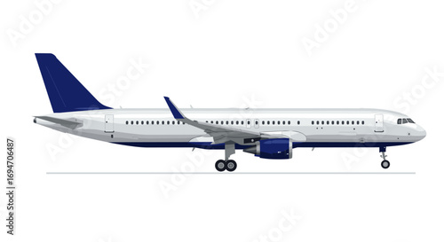 Realistic passenger airplane side view with blue and white design