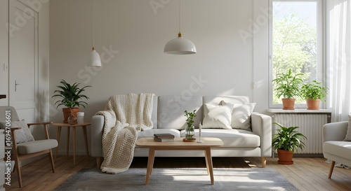 Modern minimalist living room featuring a cozy white sofa, numerous potted plants, and clean decor bathed in natural light.
