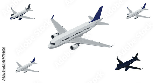 Airplanes in flight on white background with multi-angle perspective