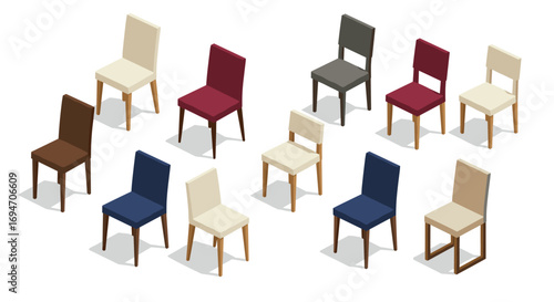 Colorful isometric dining chairs set on white background