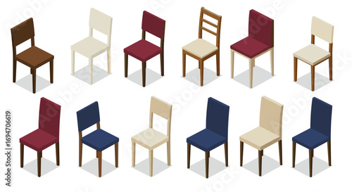 Isometric chair set: diverse colors and wooden designs
