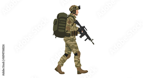 Soldier in combat gear walking with rifle in hand, full profile view