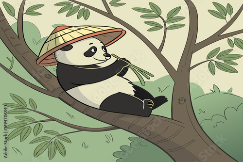A panda sits on a tree branch eating bamboo leaves calmly
