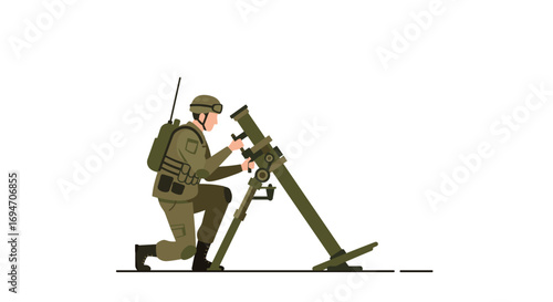 Soldier operating military mortar in flat style for tactical and defense concepts