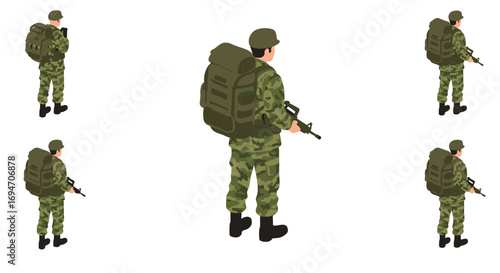 Isometric soldier in camouflage uniform with backpack and rifle on white background