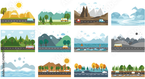 Diverse seasonal landscapes with vehicles on roads in flat design