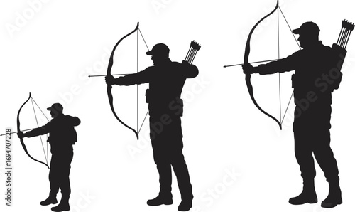 Archer Silhouettes in Drawn Bow Pose with Quiver in Scaled Sizes on White Background for Sports and Design Content