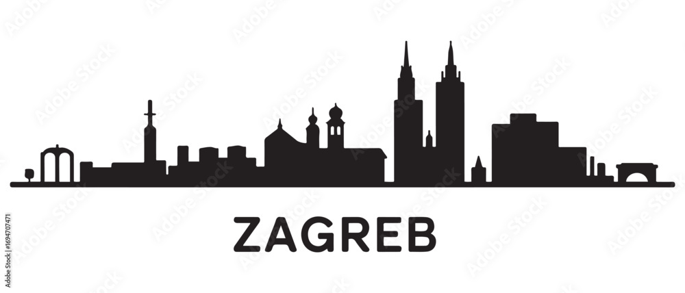 Fototapeta premium Zagreb skyline silhouette. Black Zagreb city design. Vector black silhouette. with white background