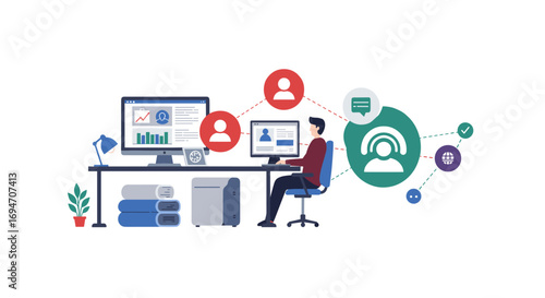 Business analytics and networking concept with office worker and digital connections