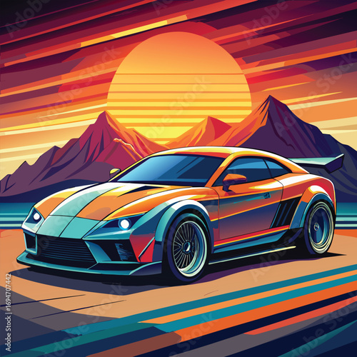 Sleek orange sports car with a spoiler driving towards a vibrant sunset over mountains