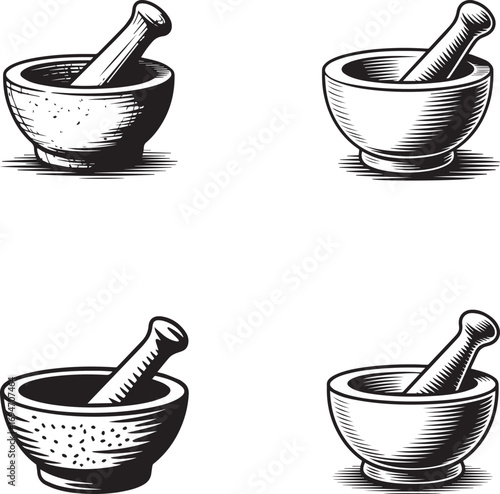 Mortar and Pestle Illustrations in Black and White