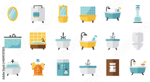 Modern bathroom icon set in flat style featuring tubs, sinks, and showers