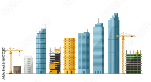 Modern city skyline with construction cranes in flat style