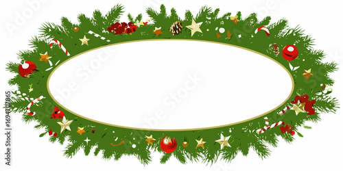 Oval christmas wreath frame with pine branches ornaments candy canes and stars