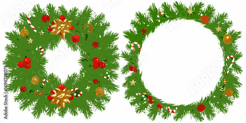 Two festive christmas wreaths decorated with ornaments candy canes and bows on a white background