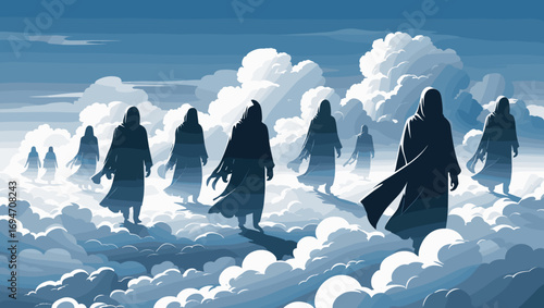 Silhouettes of figures walking on clouds in an ethereal landscape