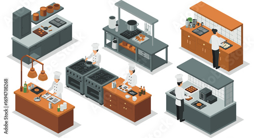 Isometric chef kitchens with professional equipment and chefs cooking