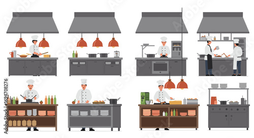 Professional kitchen scene with chefs cooking and preparing meals in modern restaurant
