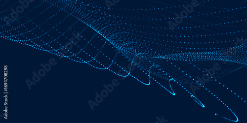 Futuristic dot wave. Abstract digital particle wave. Technology background. Colored musical wave. Dark background. Digital background with smooth, wavy curves. 3D vector illustration